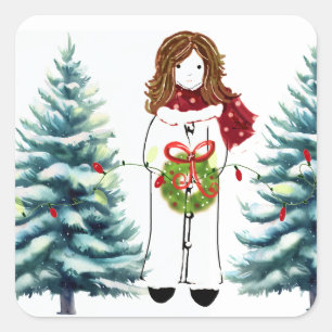 Girl Getting Ready for Christmas Square Sticker