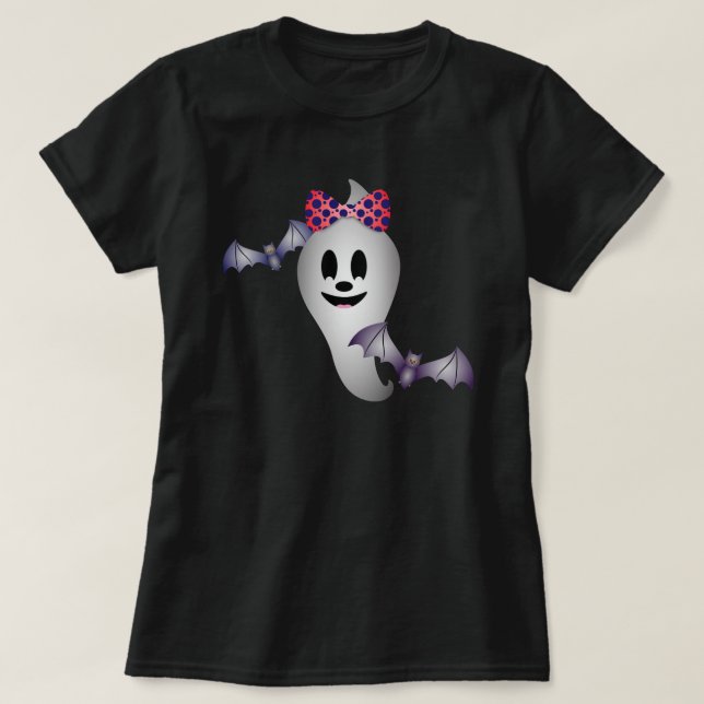 Girl Ghost and Flying Bats Halloween T-Shirt (Design Front)