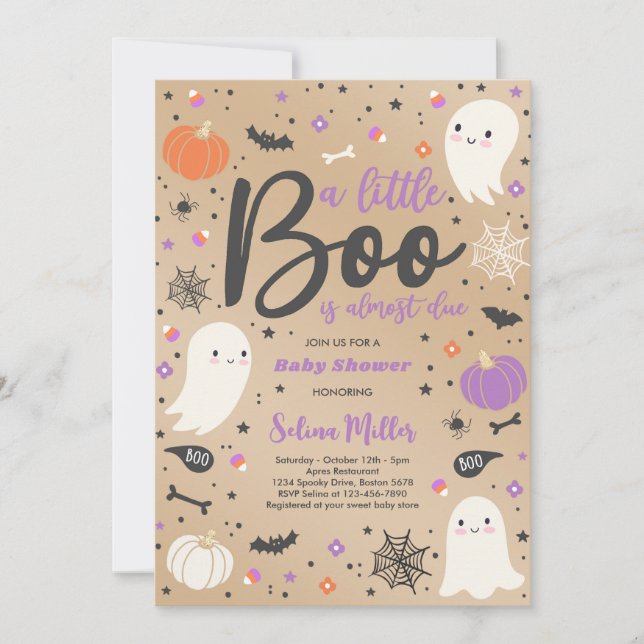 Girl Ghost Little Boo Is Due Halloween Baby Shower Invitation (Front)