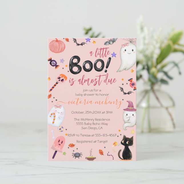 Girl Ghost Little Boo Is Due Halloween Baby Shower Invitation (Standing Front)