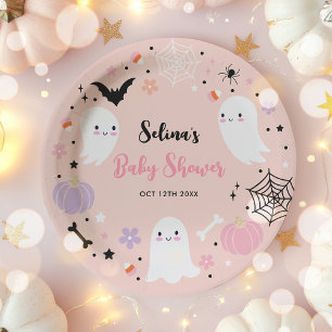 Girl Ghost Little Boo Is Due Halloween Baby Shower Paper Plate