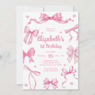 Girl Gingham Coquette Pink Bow Birthday Invitation