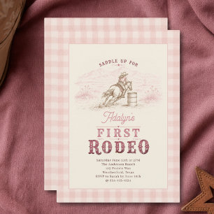 Girl Gingham Vintage Pink First Rodeo 1st Birthday Invitation