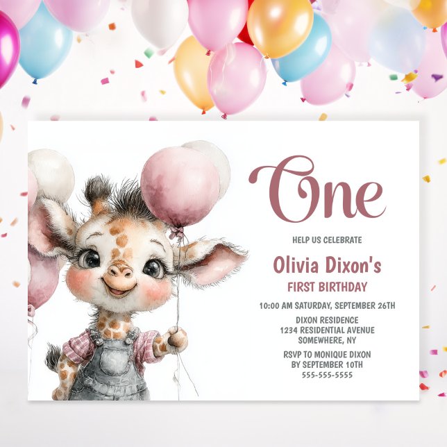 Girl Giraffe 1st Birthday Party Invitation (Creator Uploaded)