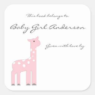 Girl Giraffe Baby Shower Bookplate Square Sticker