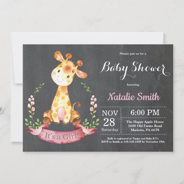 Girl Giraffe Baby Shower Invitation Chalkboard (Front)