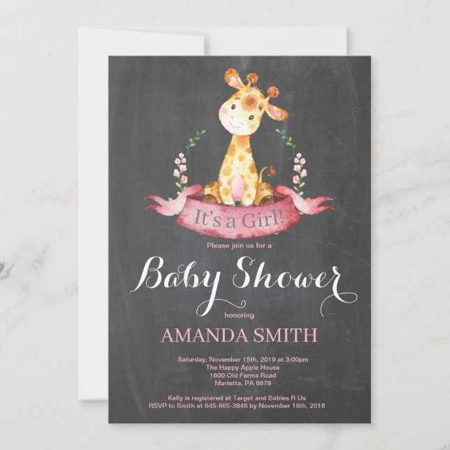 Girl Giraffe Baby Shower Invitation Chalkboard (Front)