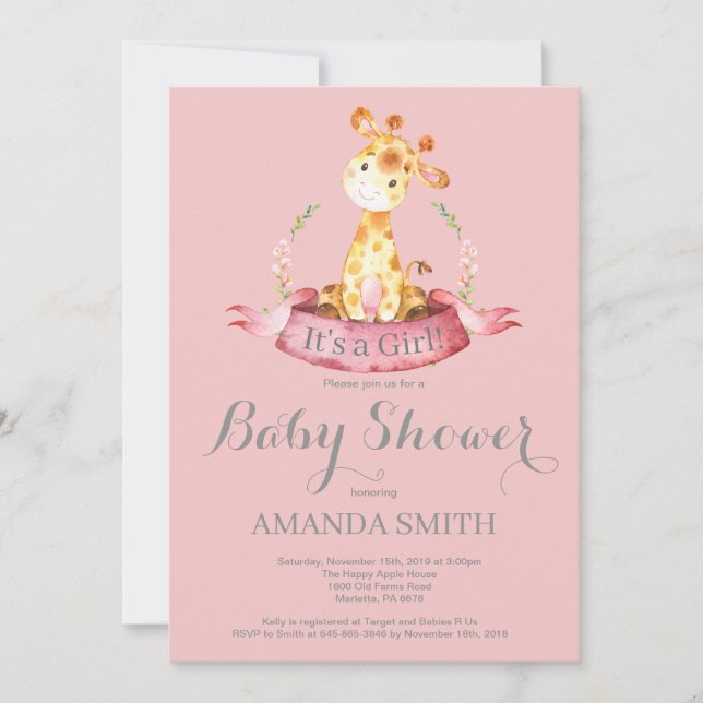 Girl Giraffe Baby Shower Invitation Pink and Grey (Front)