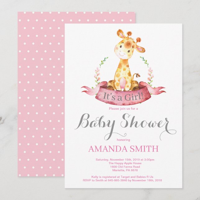 Girl Giraffe Baby Shower Invitation Pink and Grey (Front/Back)