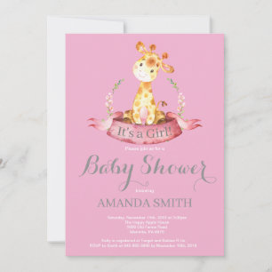 Girl Giraffe Baby Shower Invitation Pink and Grey