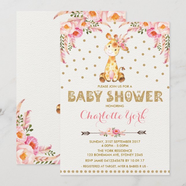 Girl Giraffe Baby Shower Pink Floral Tribal Invite (Front/Back)