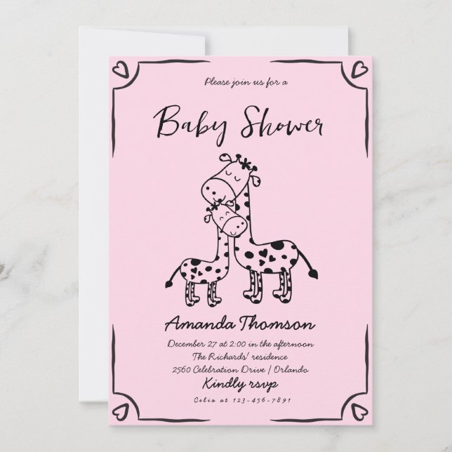 Girl Giraffe Hand Drawn baby shower Invitation (Front)