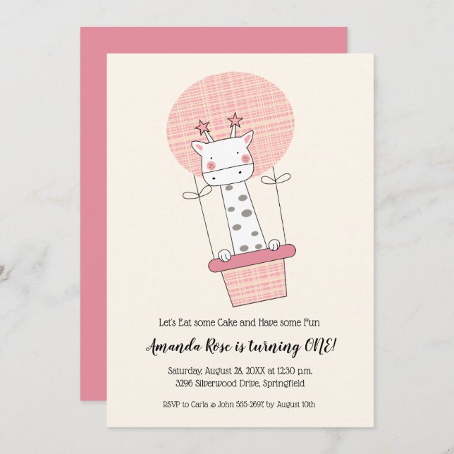 Girl Giraffe Hot Air Balloon First Birthday Party Invitation (Front/Back)
