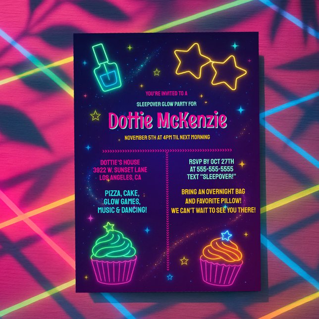 Girl Glow Neon Cupcake Nail Polish Slumber Party Invitation (Creator Uploaded)