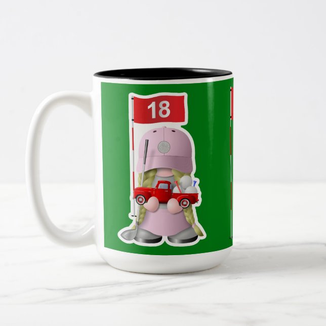 Girl Golfer Gnome with Little Red Truck Two-Tone Coffee Mug (Left)