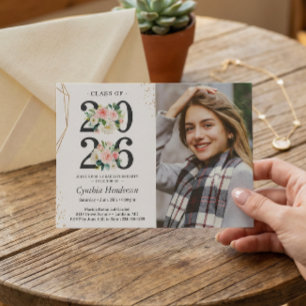 Girl Graduate Photo Blush Pink Floral Graduation Invitation