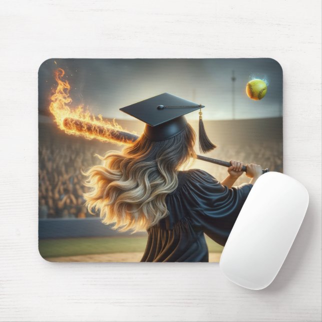 Girl Graduate Swinging a Flaming Baseball Bat Mouse Mat (With Mouse)