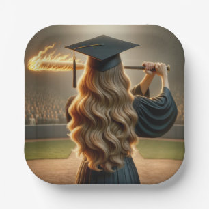 Girl Graduate Swinging a Flaming Baseball Bat Paper Plate