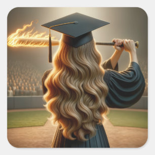 Girl Graduate Swinging a Flaming Baseball Bat Square Sticker