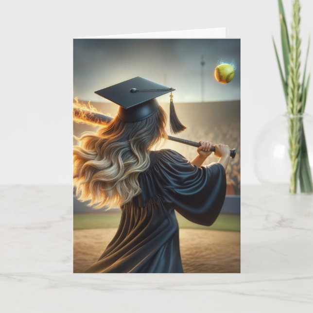 Girl Graduate Swinging a Flaming Bat Card (Front)