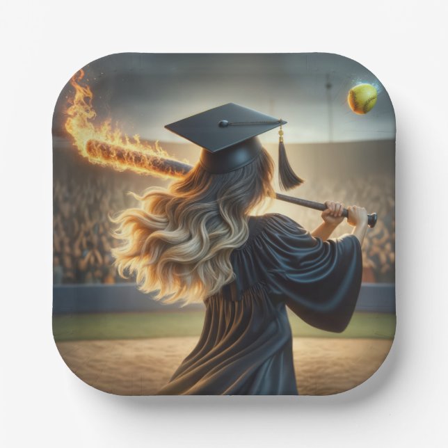 Girl Graduate Swinging a Flaming Bat Paper Plate (Front)