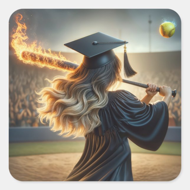 Girl Graduate Swinging a Flaming Bat Square Sticker (Front)