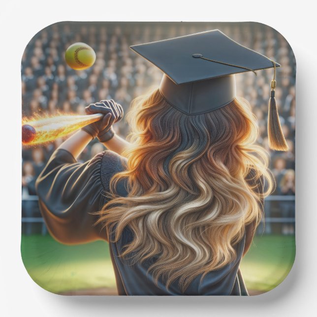 Girl Graduate With Flaming Bat and Softball Paper Plate (Front)