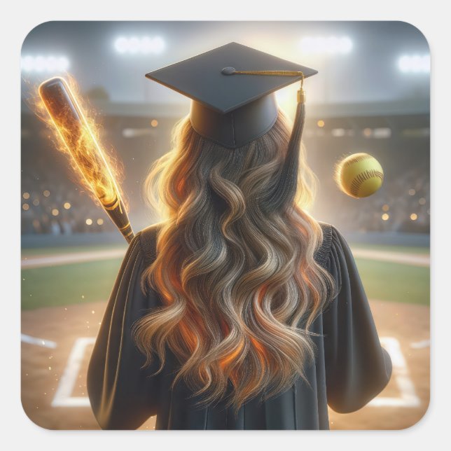 Girl Graduate With Flaming Bat and Softball Square Sticker (Front)