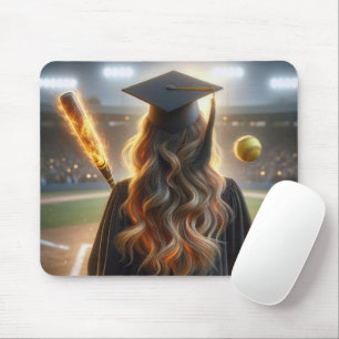 Girl Graduate With Softball and Fiery Bat Mouse Mat
