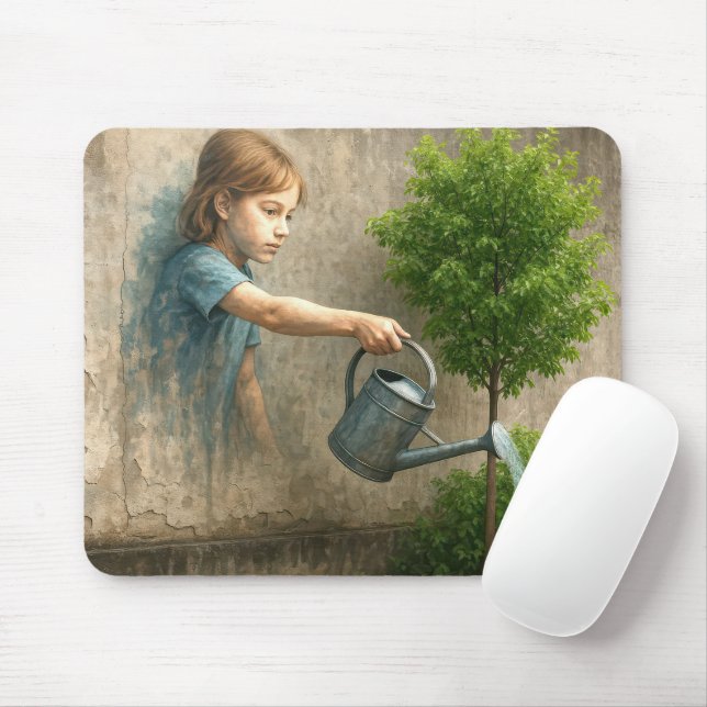 Girl Graffiti Watering a City Tree Mouse Mat (With Mouse)