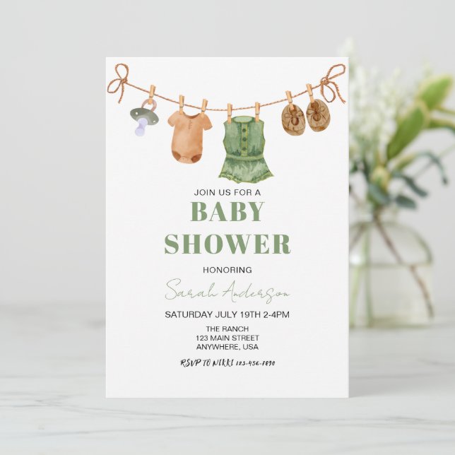 Girl Green Boho Baby Clothes Baby shower Invitation (Standing Front)