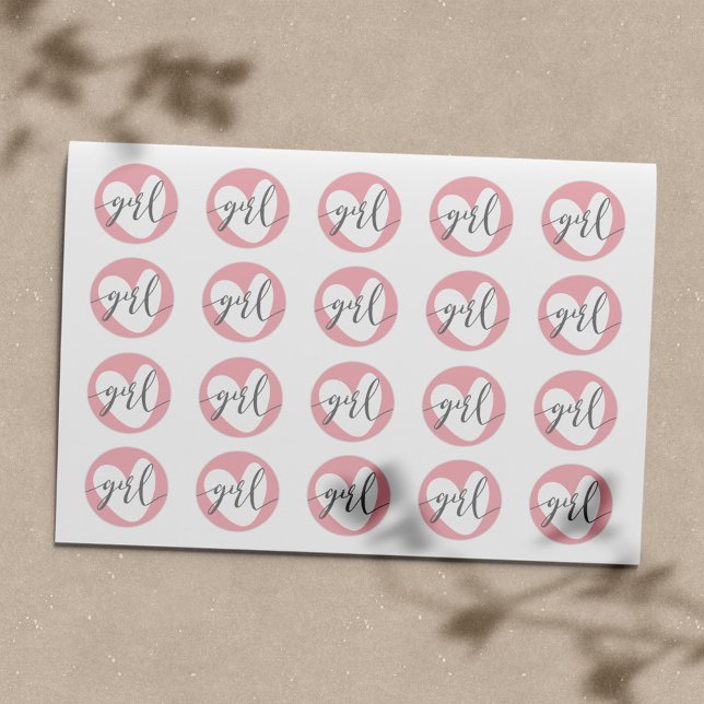"Girl" Grey White Baby Blush Pink Heart Classic Round Sticker (Creator Uploaded)