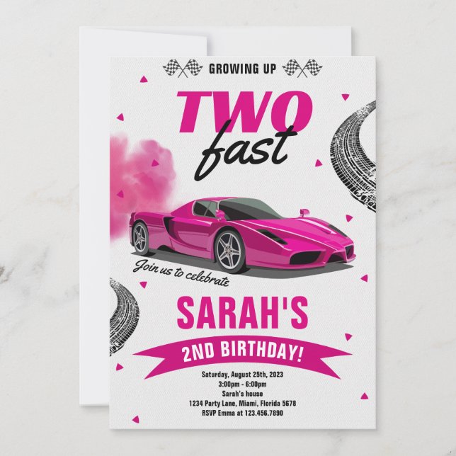 Girl Growing Up Two Fast Race Car 2nd Birthday Invitation (Front)