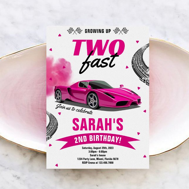 Girl Growing Up Two Fast Race Car 2nd Birthday Invitation (Creator Uploaded)