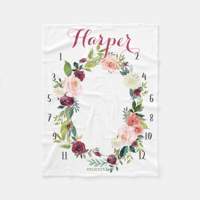 Girl Growth tracker - Boho watercolor with roses Fleece Blanket (Front)