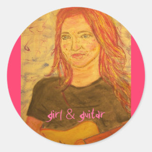 girl & guitar classic round sticker