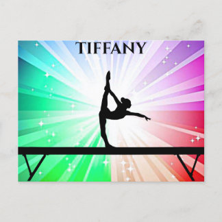 Girl Gymnast on Balance Beam over Rainbow Burst Postcard