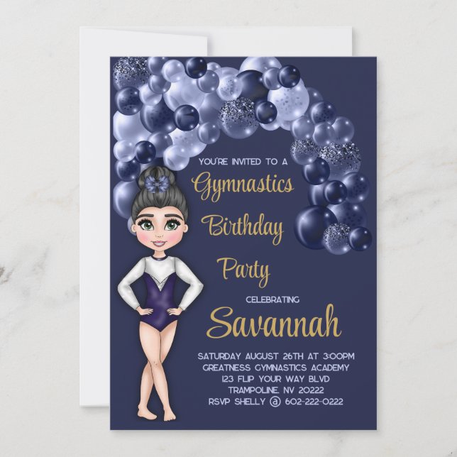 Girl Gymnastics Birthday Party Deep Blue Balloons Invitation (Front)