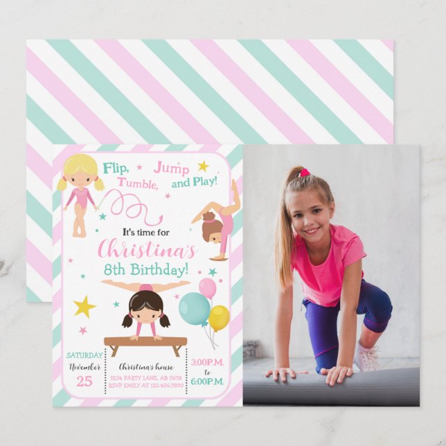 Girl Gymnastics Photo Invitation (Front/Back)