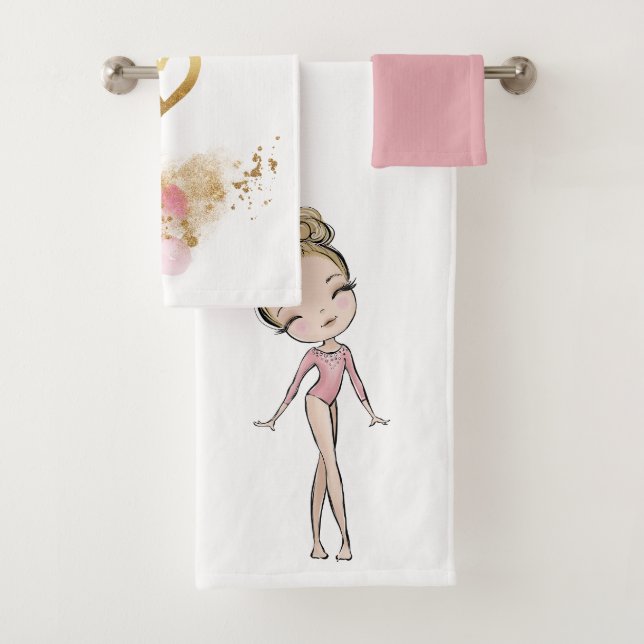 Girl Gymnastics Pink Hearts Bath Towel Set (Insitu)
