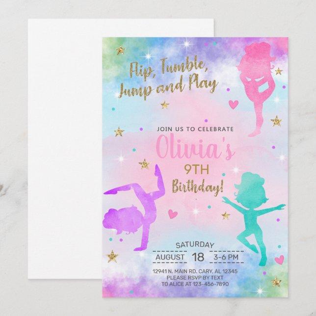 Girl gymnastics watercolor gold birthday invite. invitation (Front/Back)