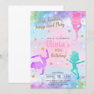 Girl gymnastics watercolor gold birthday invite. invitation