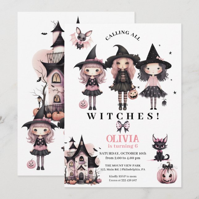 Girl Halloween Birthday witches any age Save The Date (Front/Back)