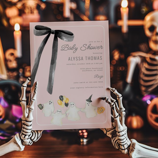 Girl Halloween Ghost and Black Bow Baby Shower Invitation (Creator Uploaded)