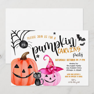 Girl Halloween Pink Pumpkin Carving Party Invitation
