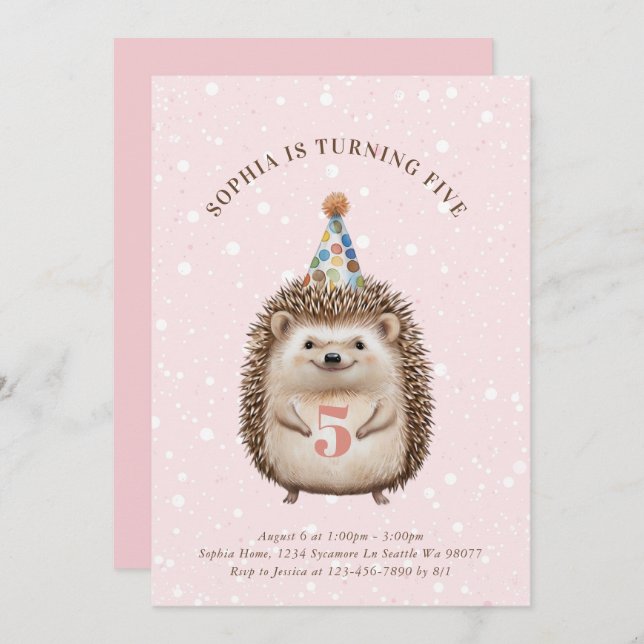 Girl Hedgehog Birthday Invitations (Front/Back)
