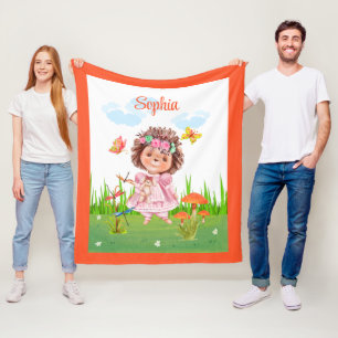 Girl Hedgehog In A Garden Fleece Blanket With Name