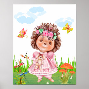 Girl Hedgehog In A Garden Poster