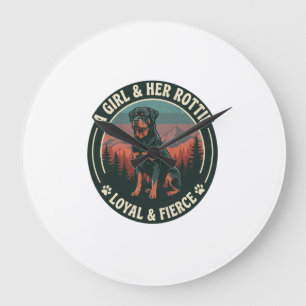 Girl Her Rottie Loyal Fierce Rottweiler Dog Mounta Large Clock