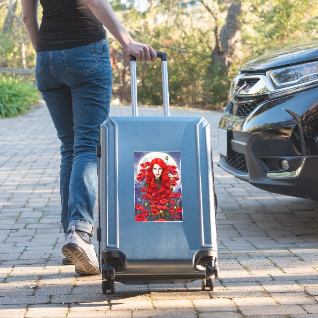 Girl Hiding In Poppy Flowers Field fantasy art (Suitcase Insitu)